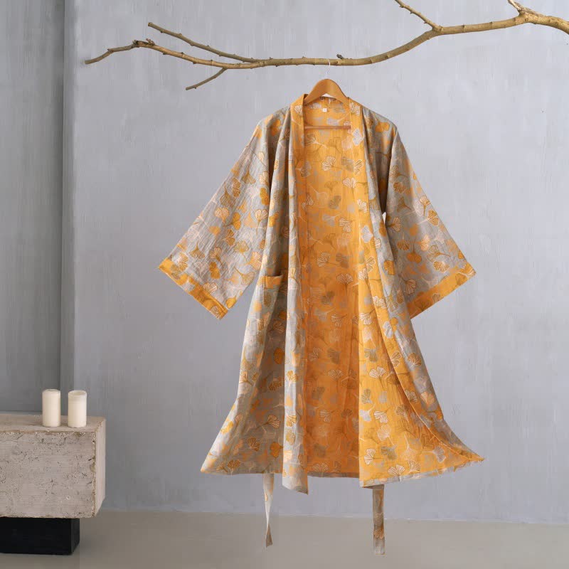 BILORAE – Ginkgo Cotton Kimono Bathrobe for Breathable Daily Comfort