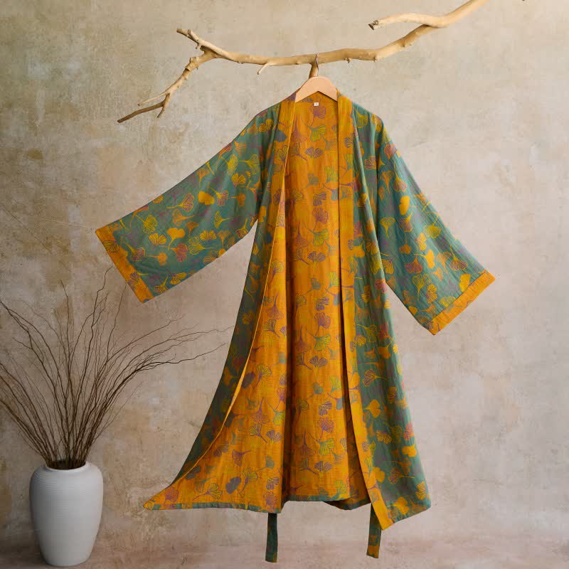 BILORAE – Ginkgo Cotton Kimono Bathrobe for Breathable Daily Comfort
