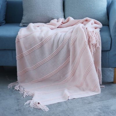 Chunky Knit Throw Blanket with Textured Stripes and Tassel Fringe
