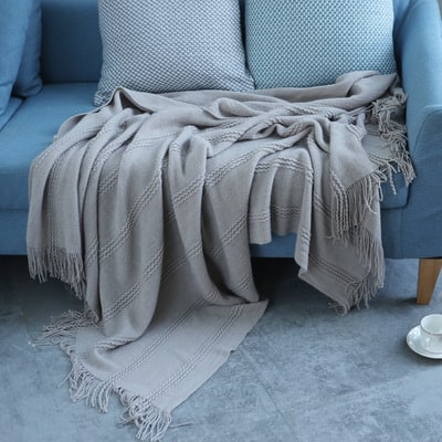 Chunky Knit Throw Blanket with Textured Stripes and Tassel Fringe