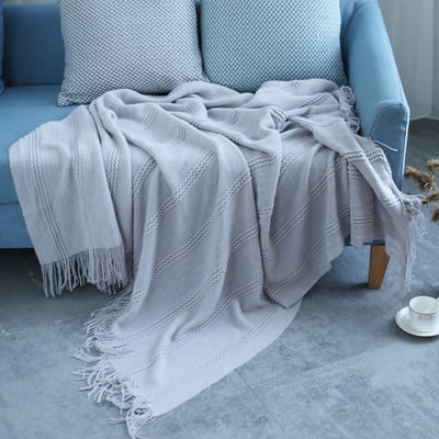 Chunky Knit Throw Blanket with Textured Stripes and Tassel Fringe