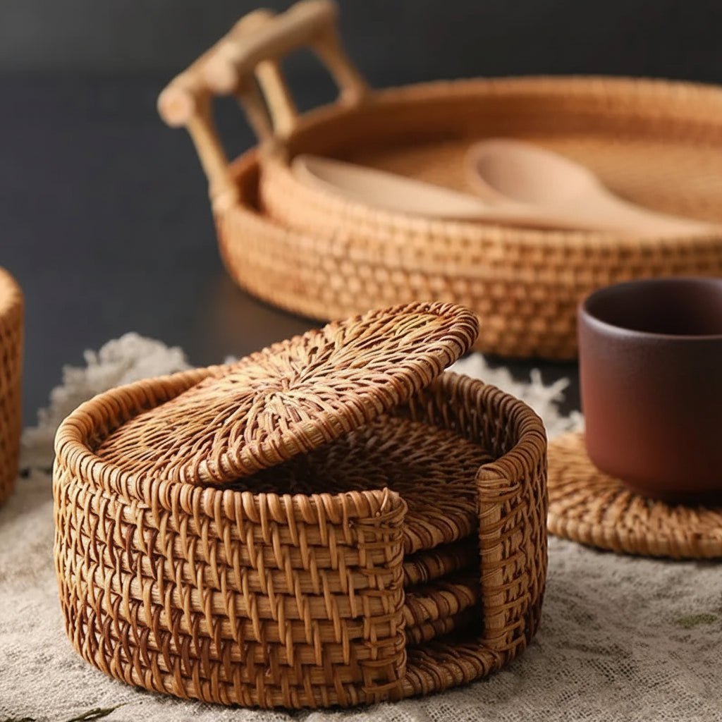 COASTORIA – Elegant Rattan Weave Drink Coaster Set 6-Piece Non-Slip Design