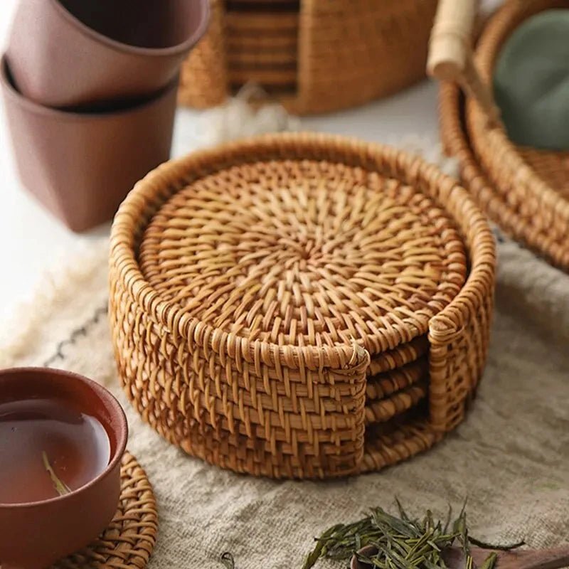 COASTORIA – Elegant Rattan Weave Drink Coaster Set 6-Piece Non-Slip Design