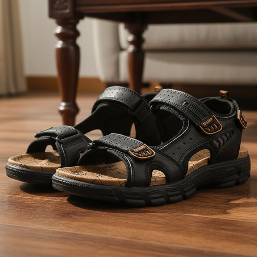 COMFLEUR – Men's Ergonomic Leather Sandals with Cushioned Support & Velcro Fit