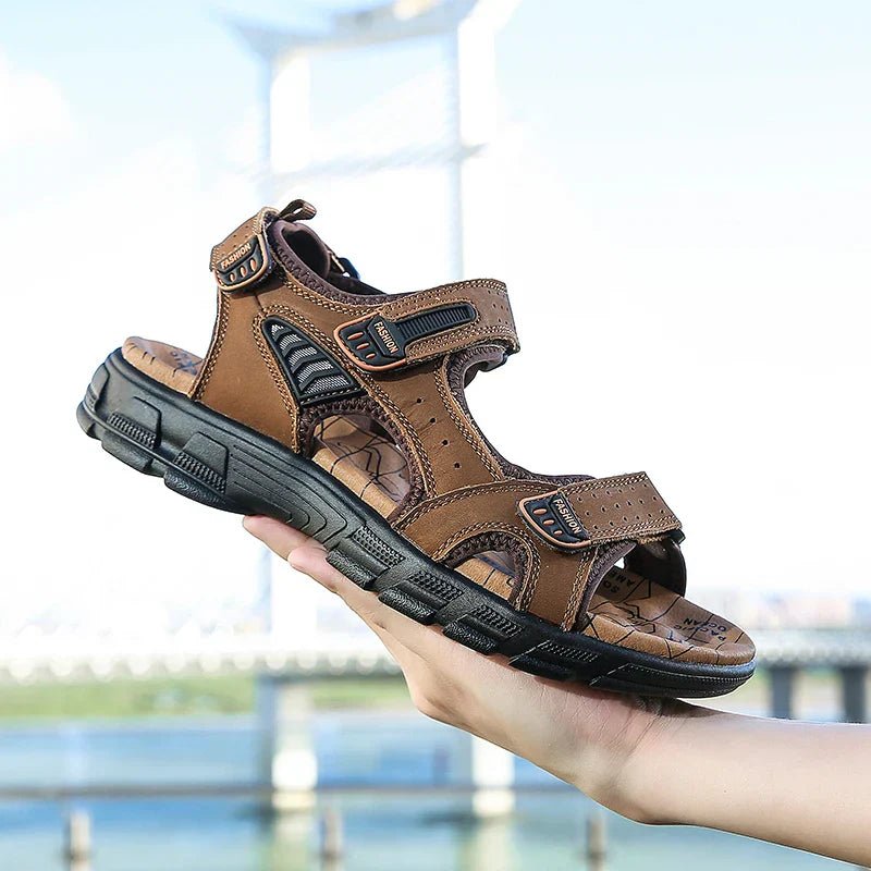 COMFLEUR – Men's Ergonomic Leather Sandals with Cushioned Support & Velcro Fit
