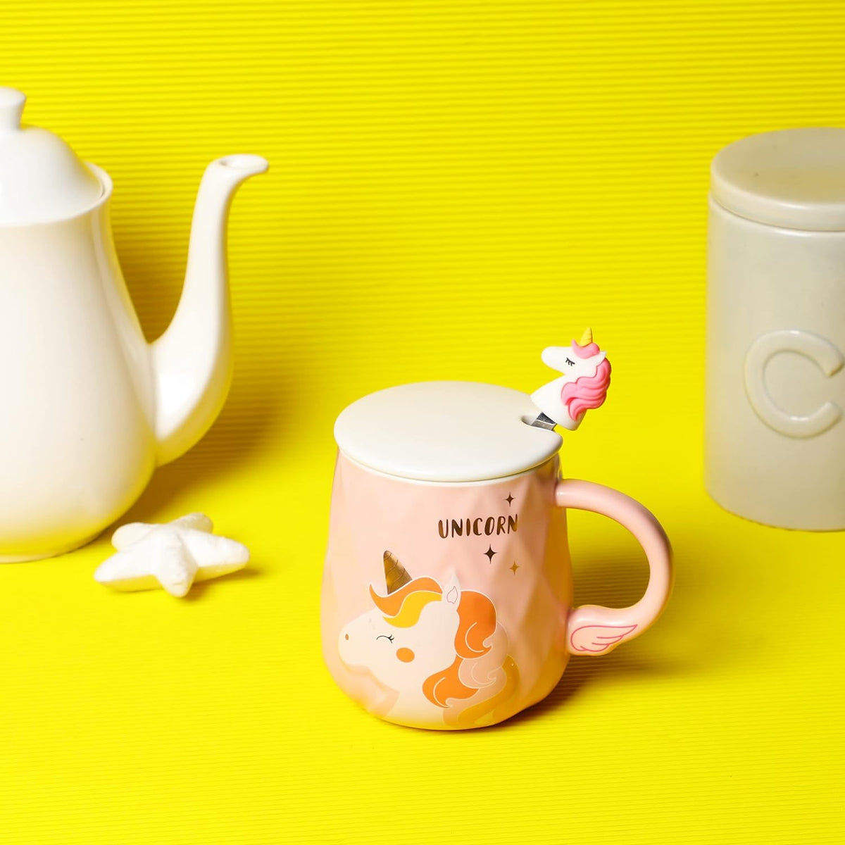 Lovely Unicorn Coffee Mug | Pink Ceramic Mug with Lid & Spoon