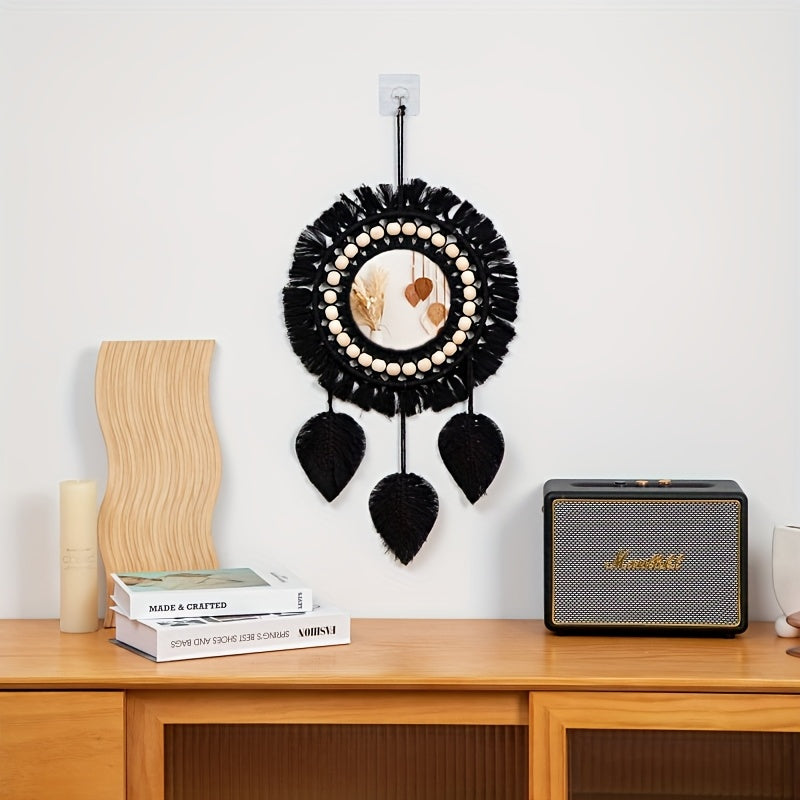 Hanging Wall Mirror - Wall Mirror with Beads & Feathers