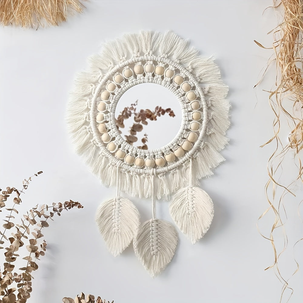 Hanging Wall Mirror - Wall Mirror with Beads & Feathers