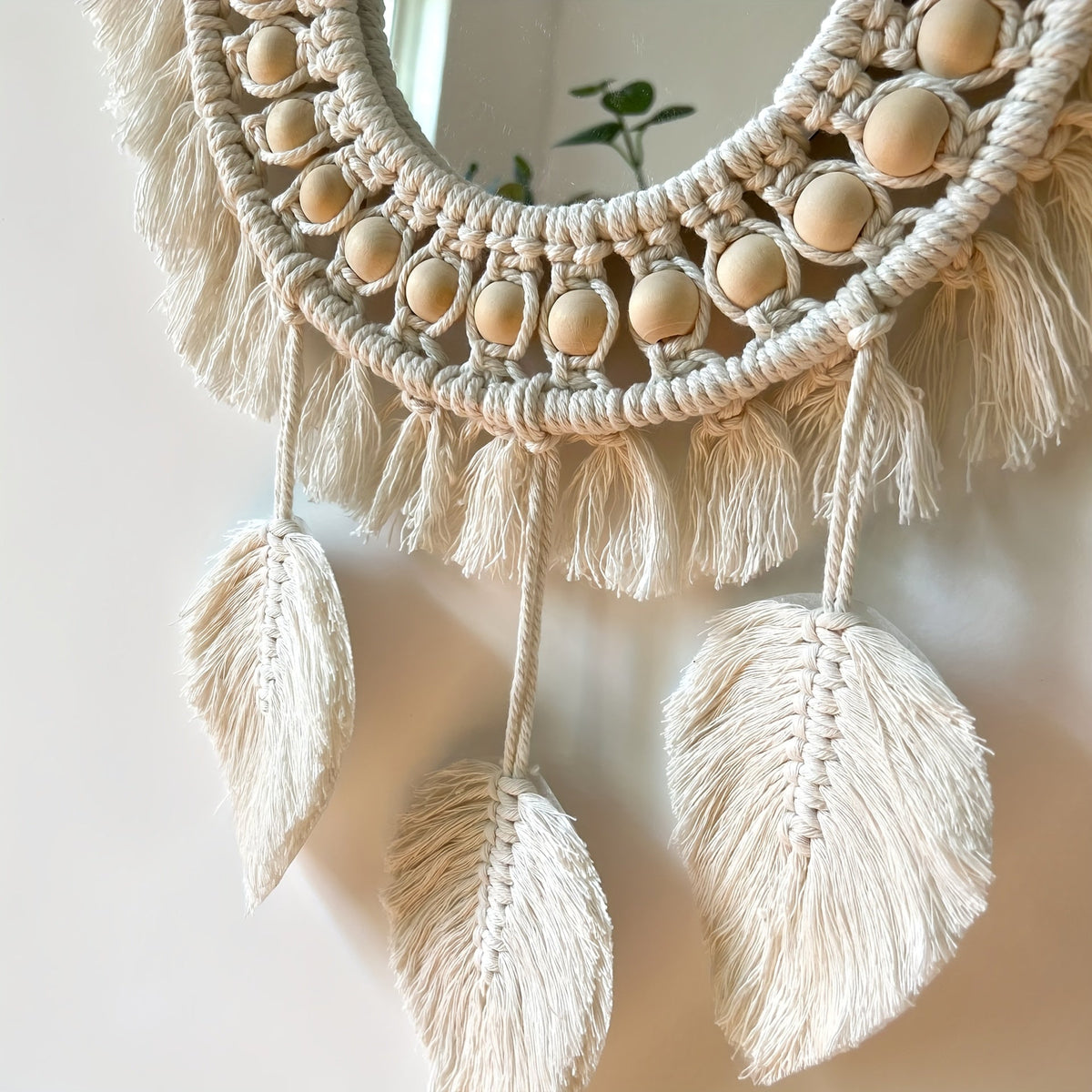 Hanging Wall Mirror - Wall Mirror with Beads & Feathers