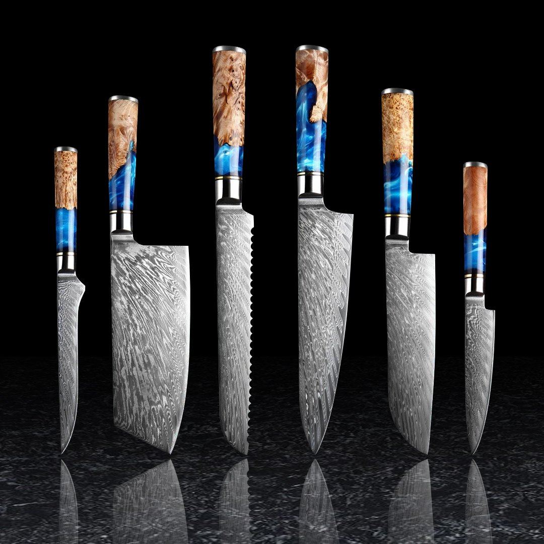 SAKUTO (作東) Japanese Damascus Steel Kitchen Knife Set With Blue Handle