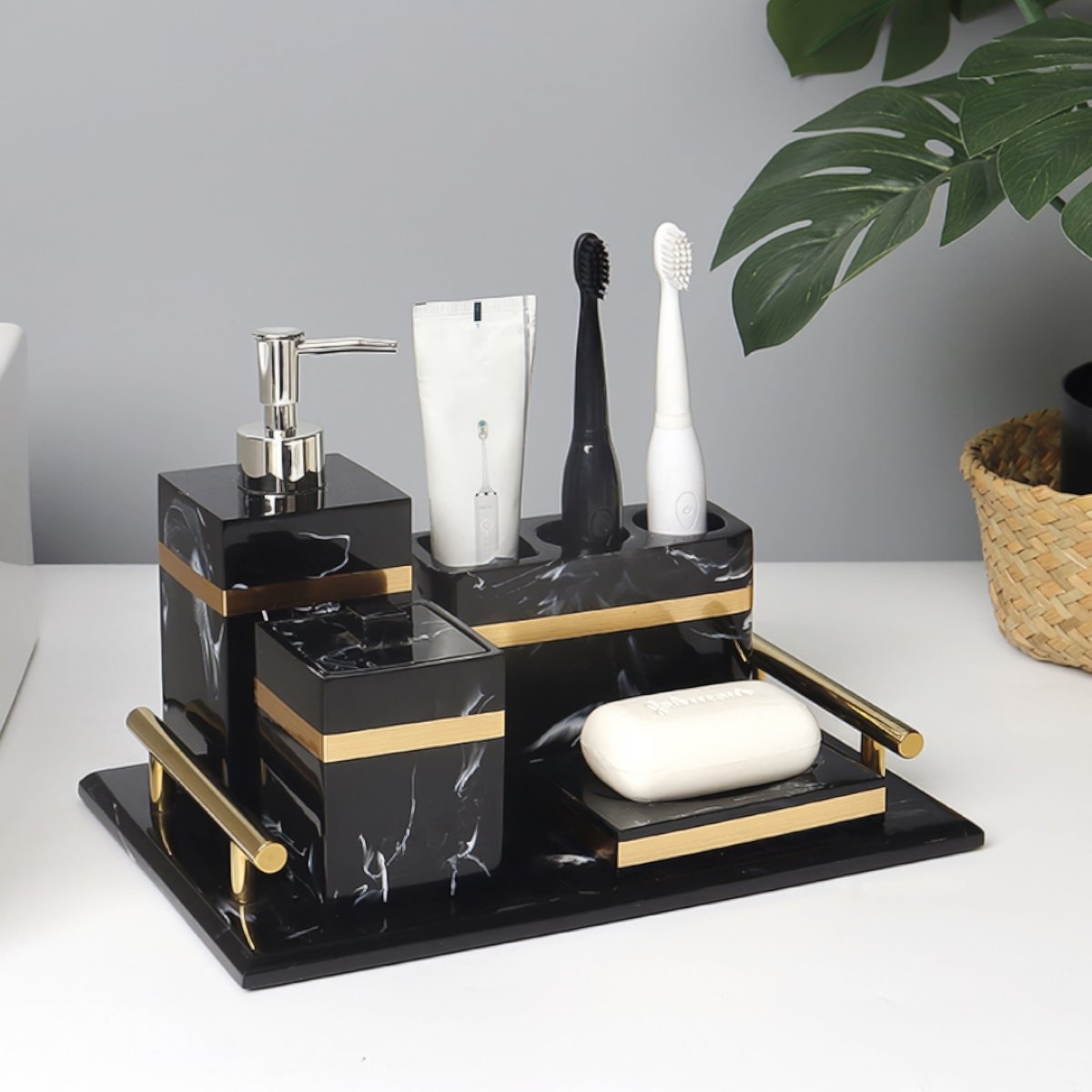 DECORVA – Elegant Black Marble Accent Tray for Luxury Bathroom Decor
