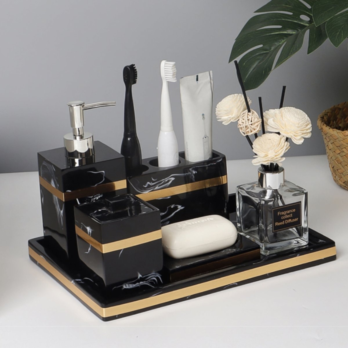 DECORVA – Elegant Black Marble Accent Tray for Luxury Bathroom Decor