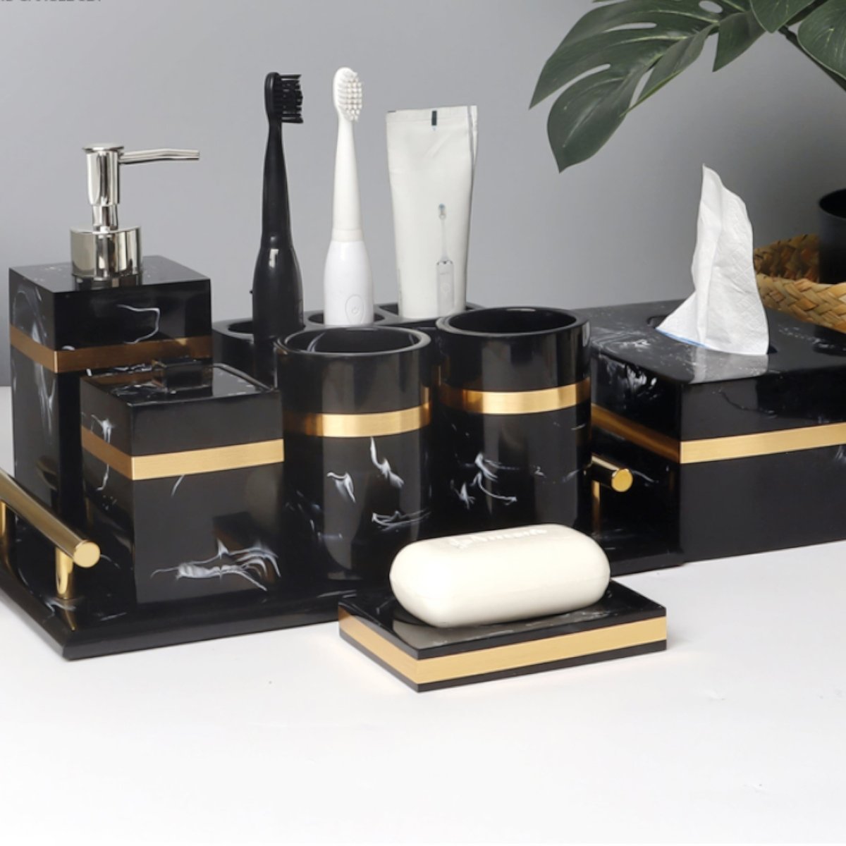 DECORVA – Elegant Black Marble Accent Tray for Luxury Bathroom Decor