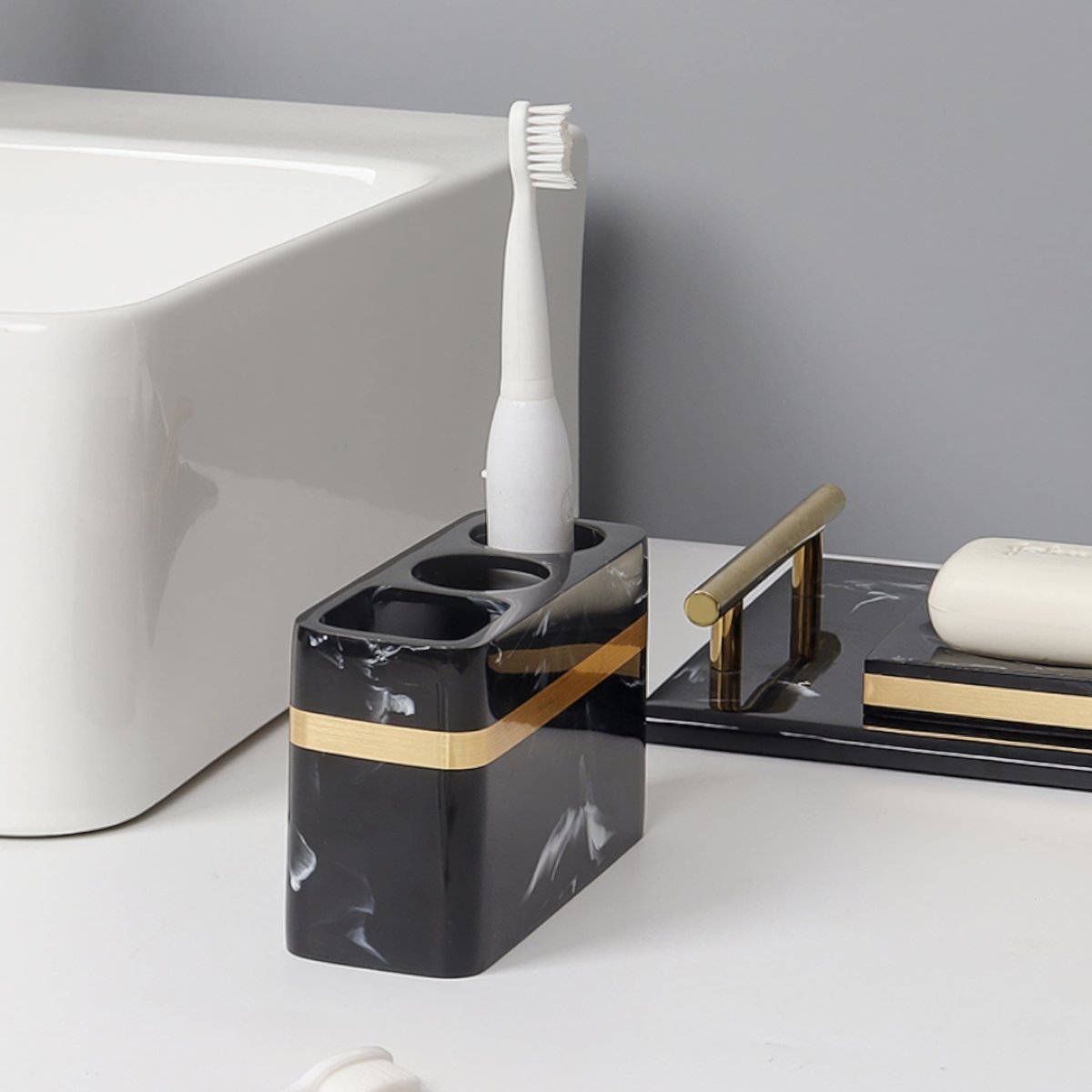 DECORVA – Elegant Black Marble Accent Tray for Luxury Bathroom Decor