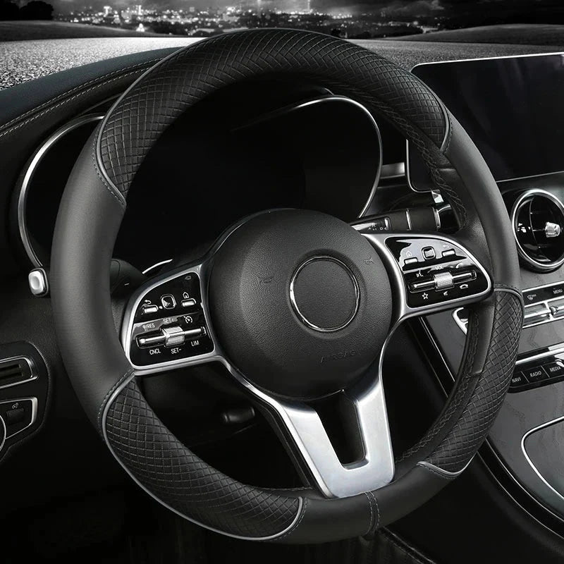 DRIVELUX – Premium Leather Diamond Steering Wheel Cover, Universal Fit, Anti-Slip Design, Comfortable Grip