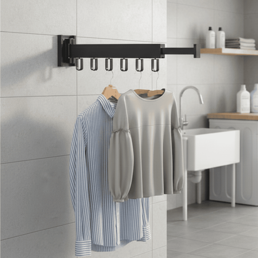 DRYFOLD – Wall-Mounted Retractable Clothes Dryer with Folding Hanger Design