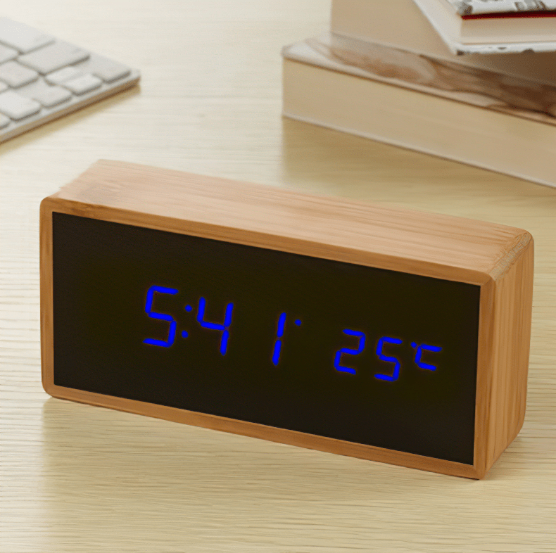 ECOCLOCK – Bamboo LED Alarm Clock with Time and Temperature Display