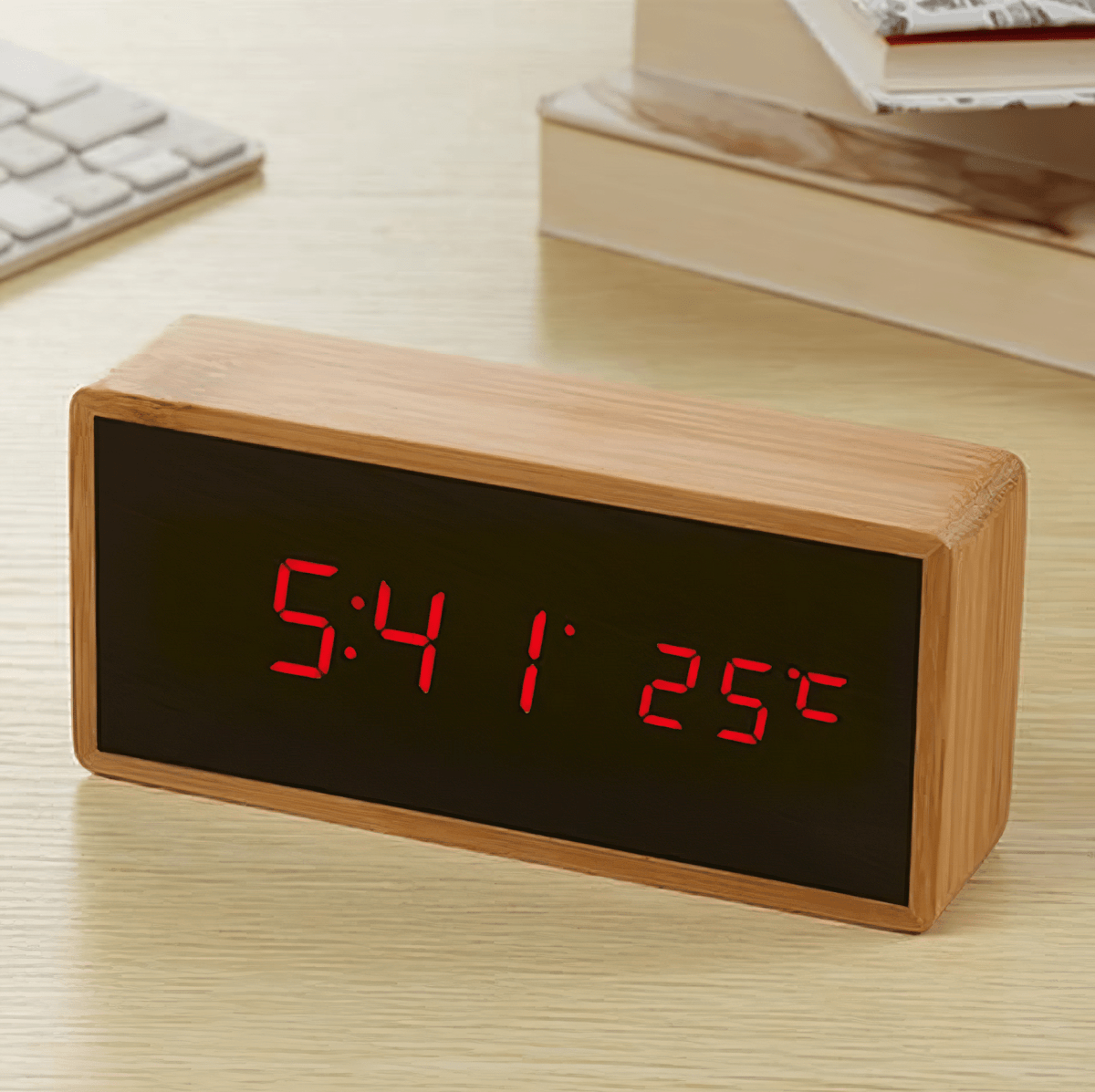 ECOCLOCK – Bamboo LED Alarm Clock with Time and Temperature Display