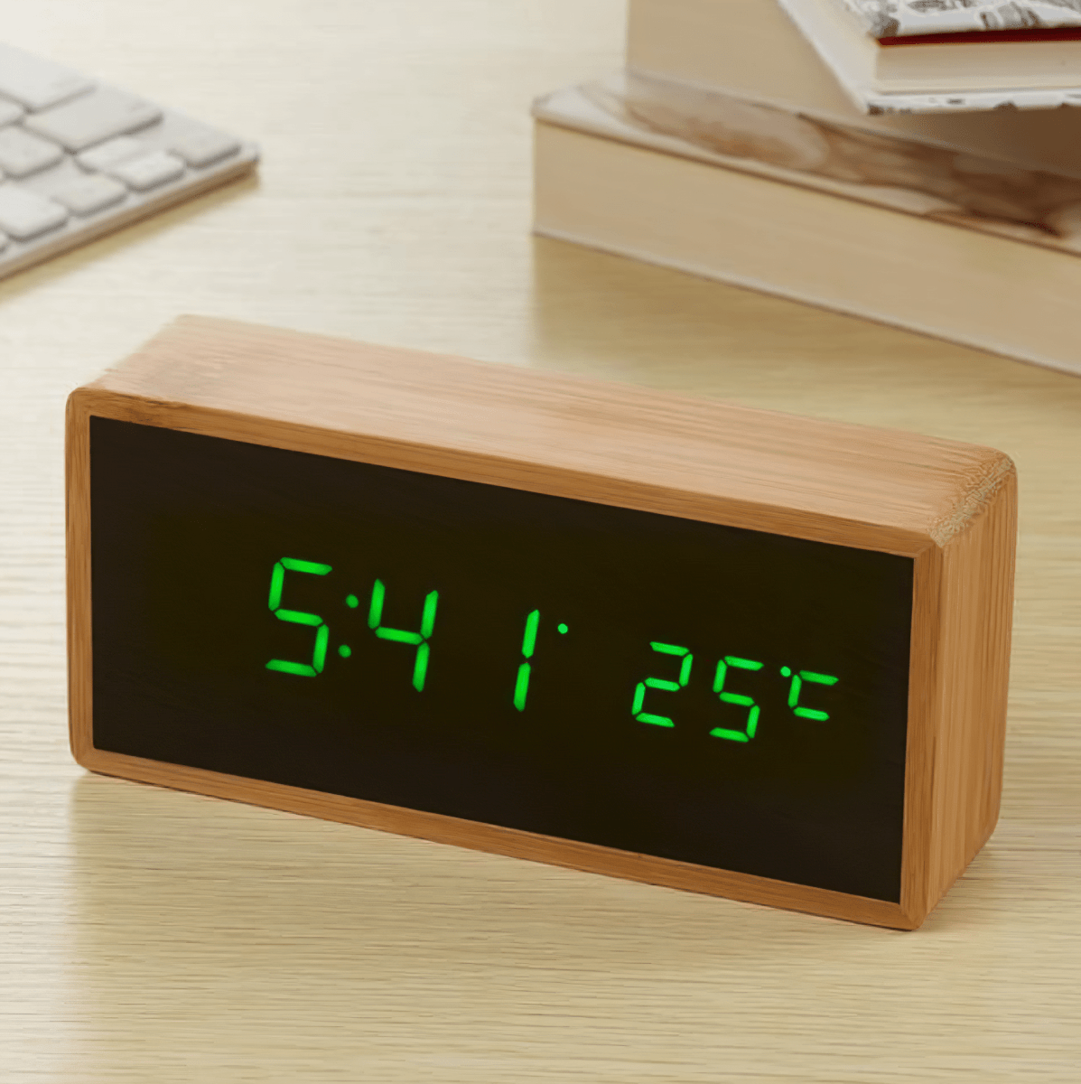 ECOCLOCK – Bamboo LED Alarm Clock with Time and Temperature Display