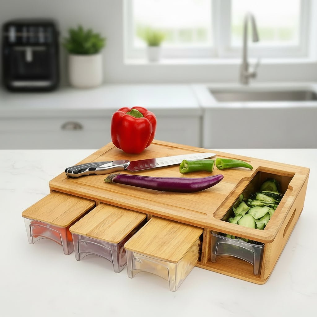 ECOCUT – Sustainable Bamboo Cutting Board with Blade System & Storage Trays