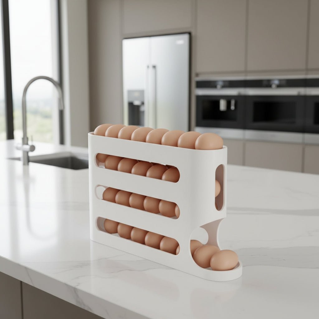 EGGSTAIR – 4-Layer Automatic Rolling Egg Dispenser for Compact Fridge Storage