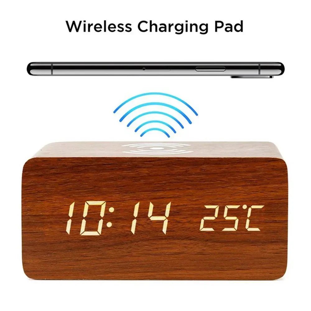ELMTIME – Wooden LED Alarm Clock with Wireless Charging