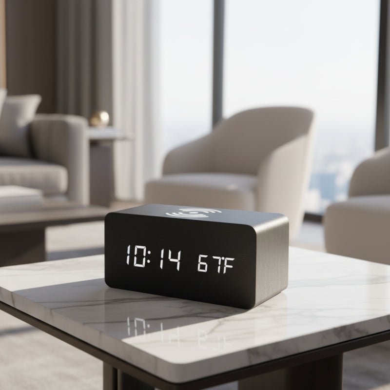 ELMTIME – Wooden LED Alarm Clock with Wireless Charging