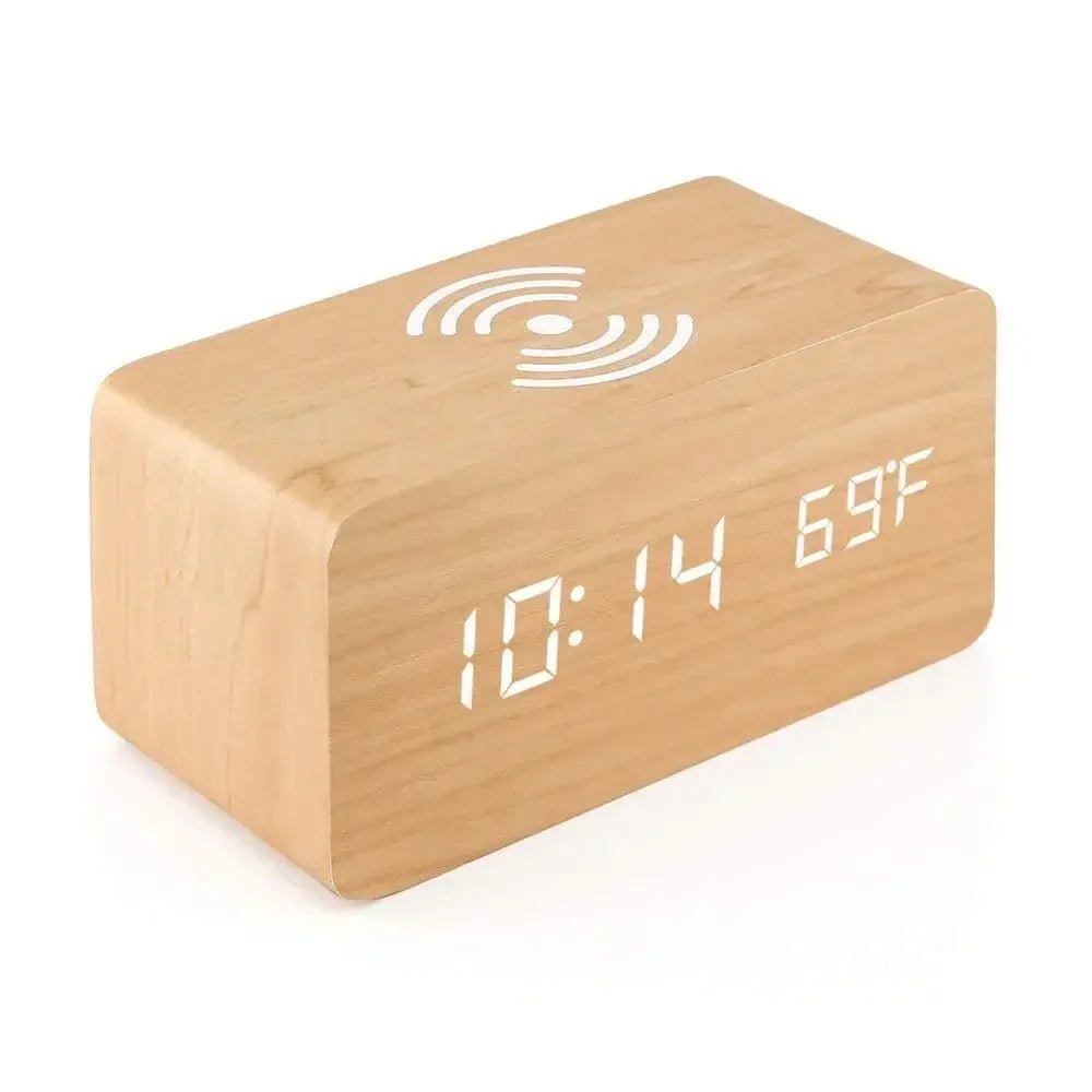 ELMTIME – Wooden LED Alarm Clock with Wireless Charging