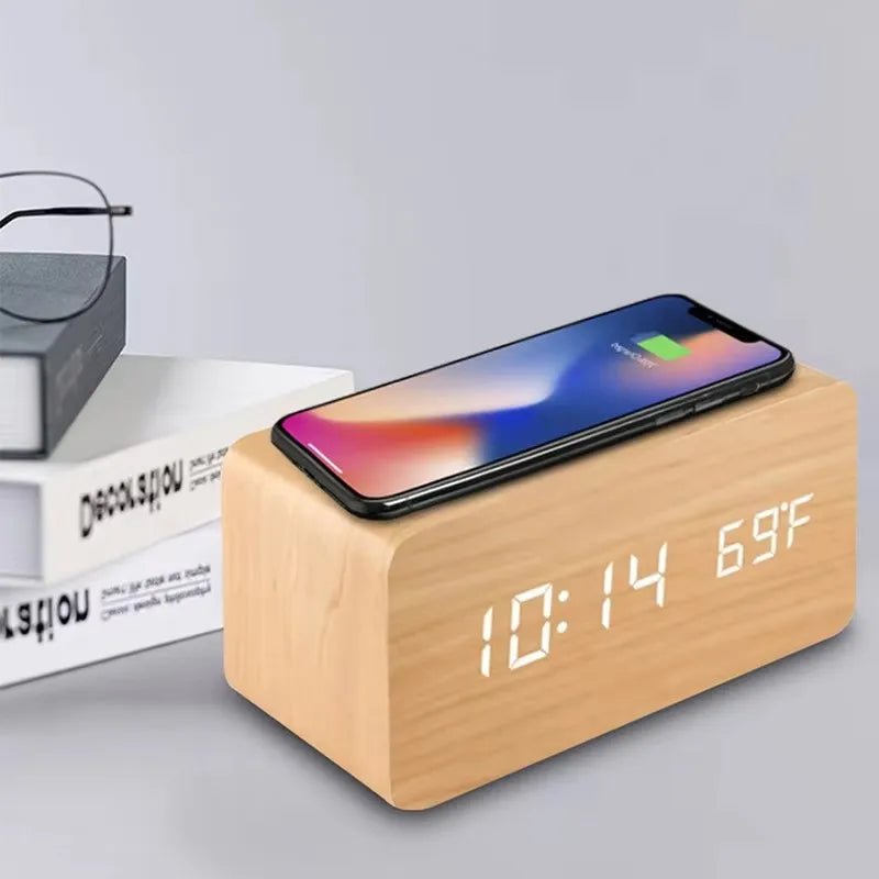 ELMTIME – Wooden LED Alarm Clock with Wireless Charging
