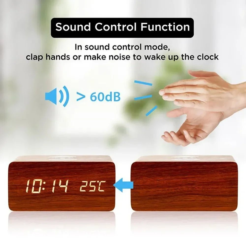 ELMTIME – Wooden LED Alarm Clock with Wireless Charging