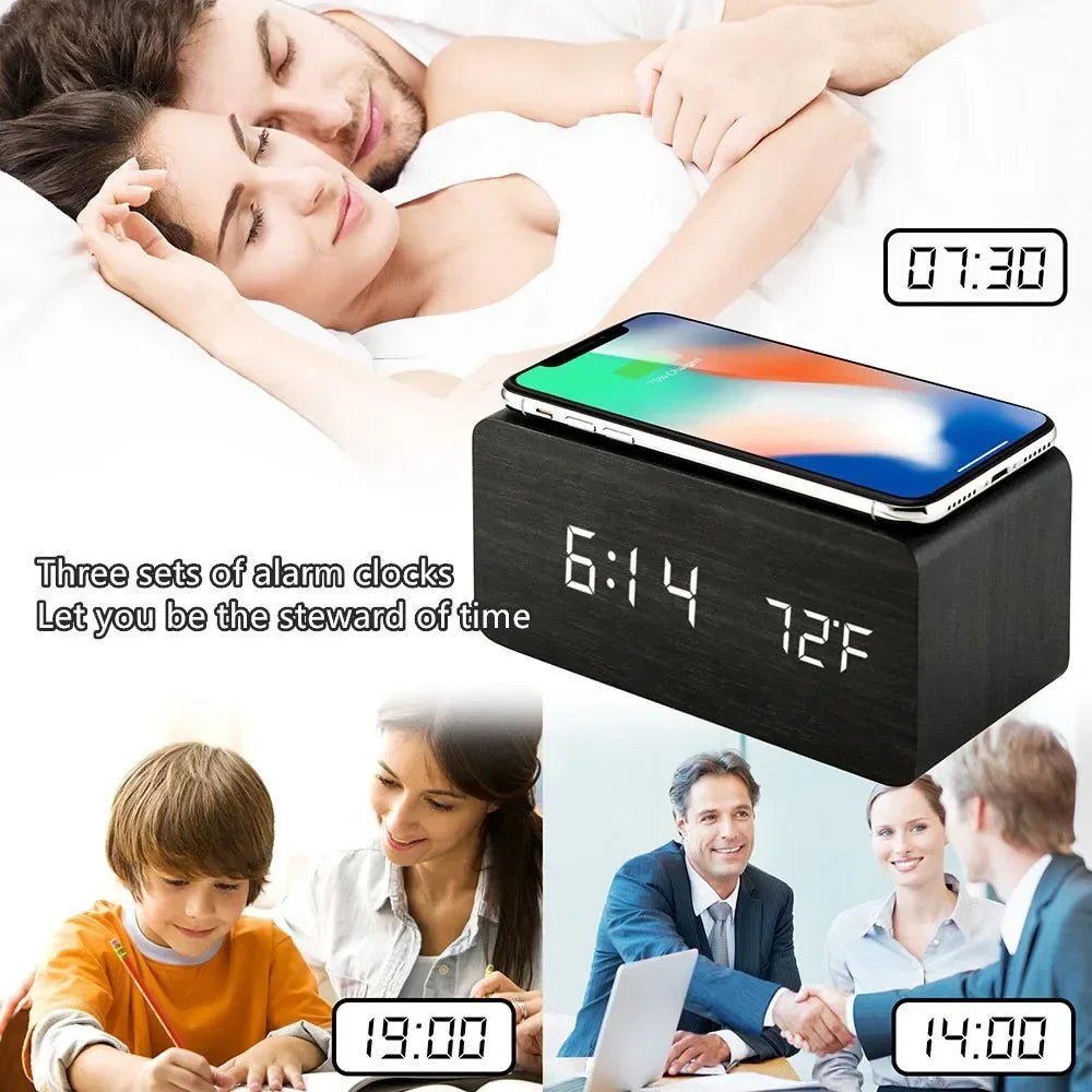 ELMTIME – Wooden LED Alarm Clock with Wireless Charging