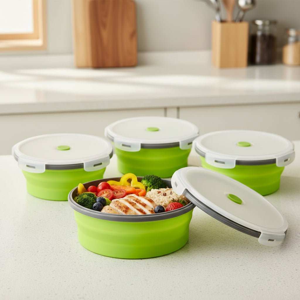 FLEXIBENTO – Collapsible Silicone Bento Lunch Box Set, Portable Food Container with Leak-Proof Lid