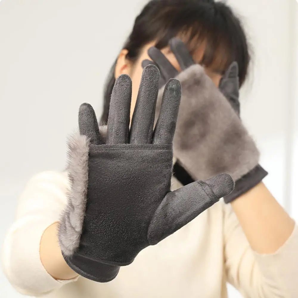 FURVIA – Suede Touchscreen Winter Gloves with Rabbit Fur Lining (Unisex)