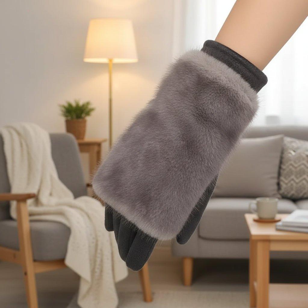 FURVIA – Suede Touchscreen Winter Gloves with Rabbit Fur Lining (Unisex)