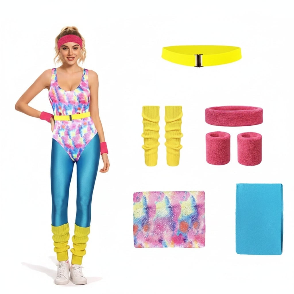 Girls' Halloween 80s Costume Party Outfit Workout Aerobics Leotard Leggings Leg Warmers Set