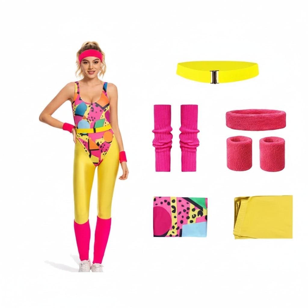 Girls' Halloween 80s Costume Party Outfit Workout Aerobics Leotard Leggings Leg Warmers Set