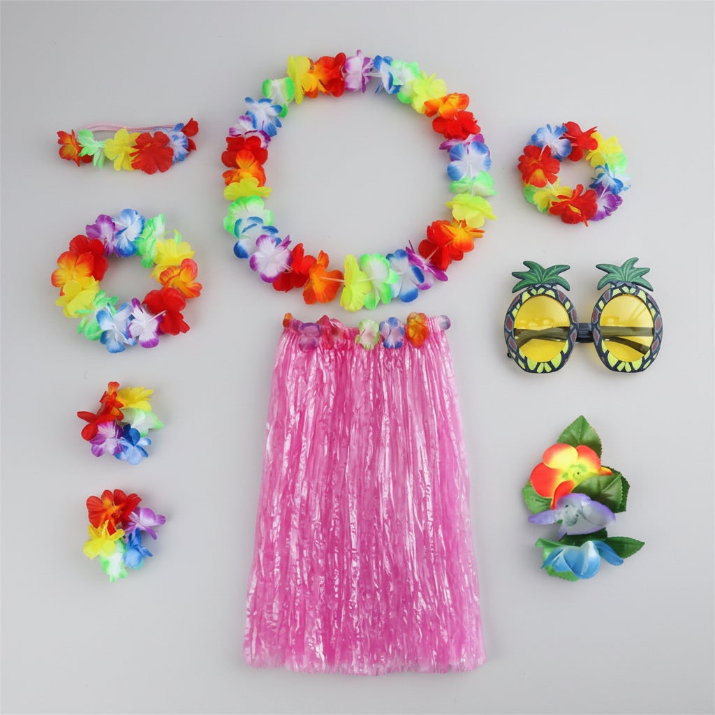 Girls' Halloween Group of Four Hula Skirt Costume Set with Grass Flower Lei Headband and Wristbands