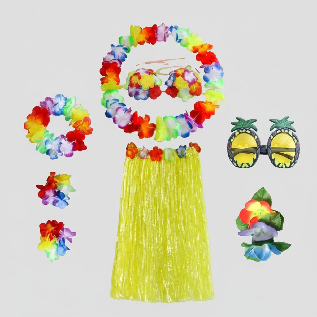 Girls' Halloween Group of Four Hula Skirt Costume Set with Grass Flower Lei Headband and Wristbands