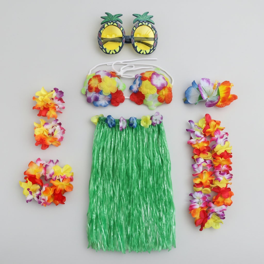 Girls' Halloween Group of Four Hula Skirt Costume Set with Grass Flower Lei Headband and Wristbands