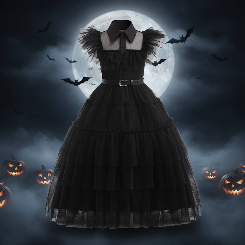 Girls' Wednesday Halloween Costume with Tiered Tulle Dress and Accessories