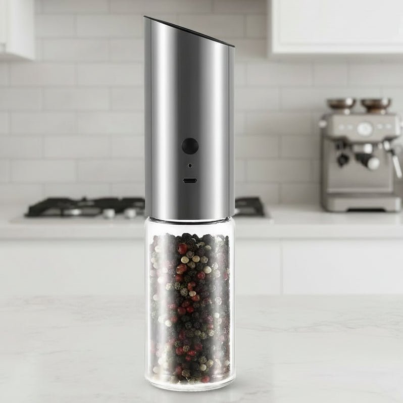 GRINDVOLT – Rechargeable Electric Pepper Grinder in Stainless Steel with Adjustable Fineness