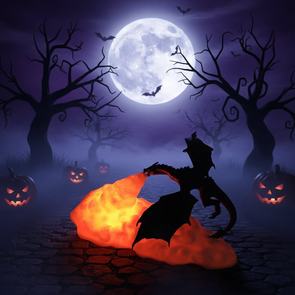 Halloween 3D Printed Dragon Night Light with USB Rechargeable LED Fire Glow