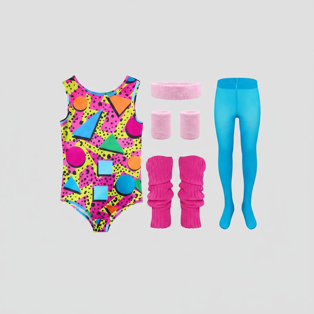 Halloween 80s Costume Party Outfit Workout Aerobics Leotard with Leg Warmers Headband and Wristbands