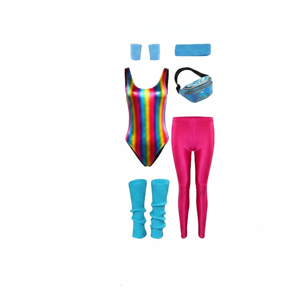 Halloween 80s Costume Party Outfit Workout Aerobics Leotard with Leg Warmers Headband and Wristbands