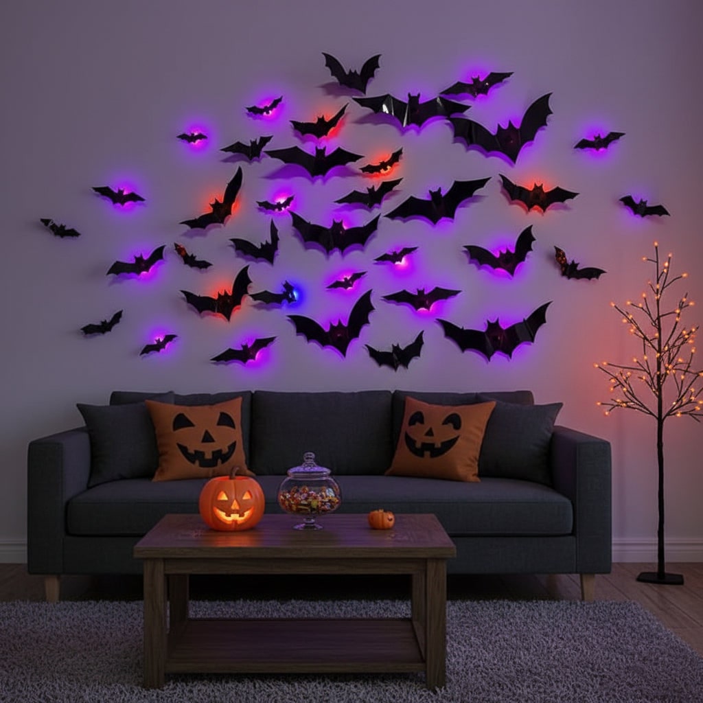 Halloween Bat Wall Decals with LED Lights Peel and Stick Decorative for Indoor Outdoor Decoration