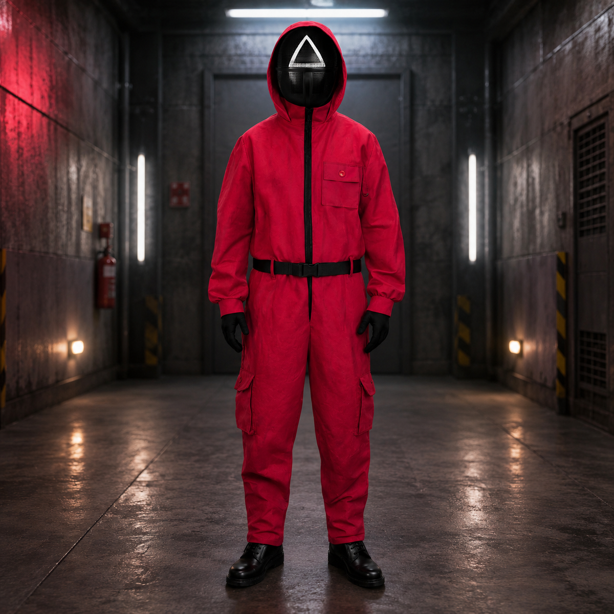 Halloween Costume Red Jumpsuit with Hooded and Belt for Cosplay Party Dress-Up