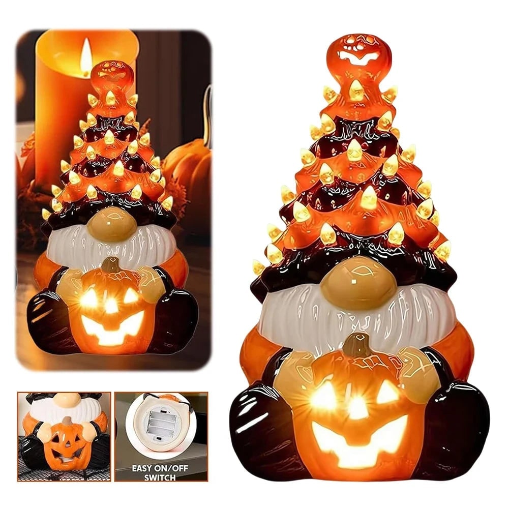 Halloween Decor Ceramic Gnome Tree with LED Lights Battery Operated Tabletop Figurine