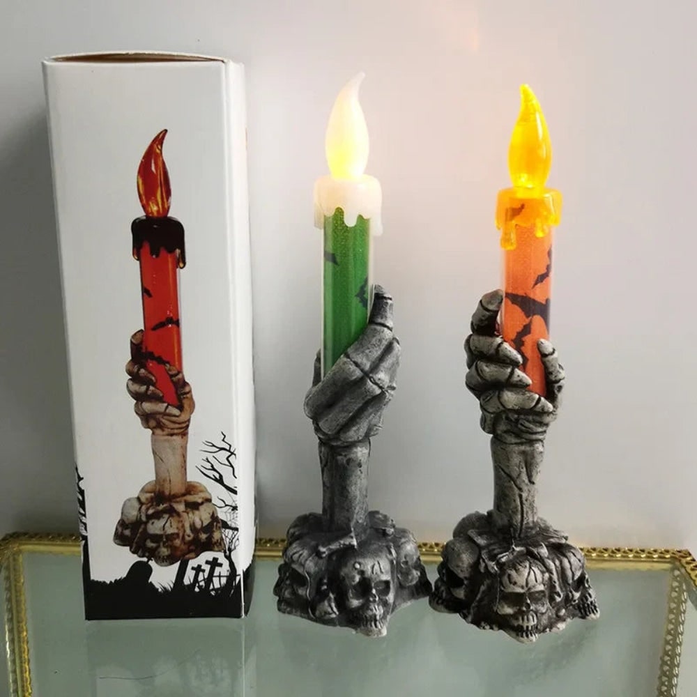 Halloween Flameless LED Taper Candle with Battery Operated Skeleton Hand Holder for Party Decoration