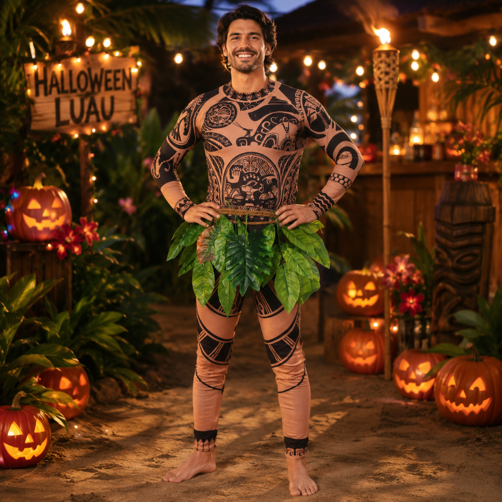 Halloween Full Body Spandex Bodysuit Costume with Tribal Tattoo Print and Leaf Skirt