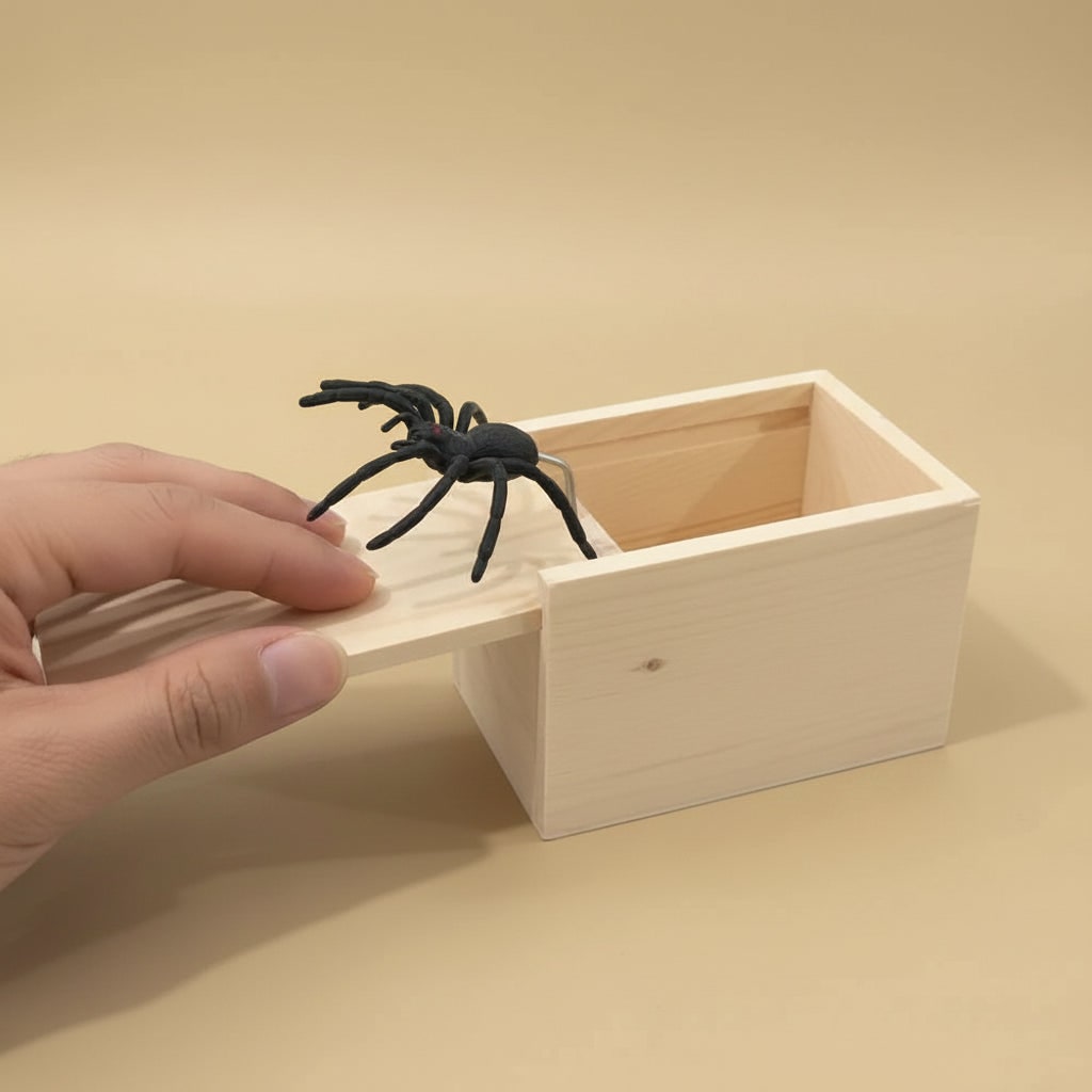 Halloween Gag Gift Boxes Funny Prank Spider Box with Jump Scare Mechanism Wooden Surprise